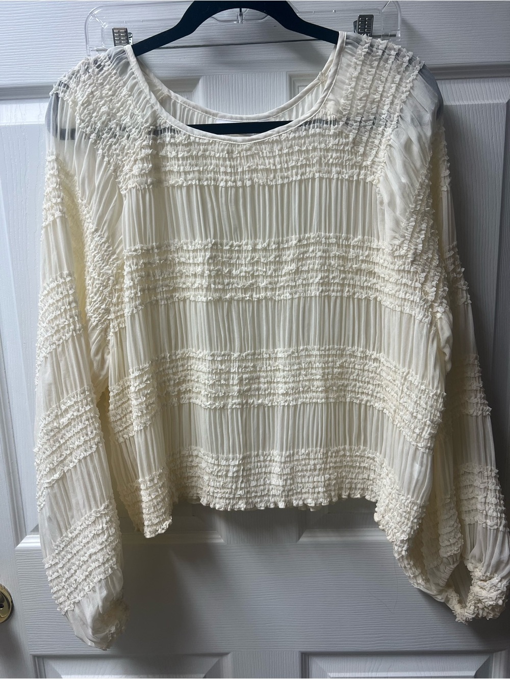 Smocked Cream Long-Sleeve Blouse - Women's